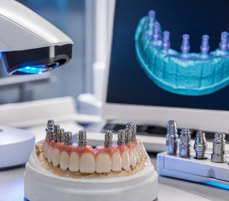 Scan body-uri pe model full-arch verificate într-un flux digital de laborator